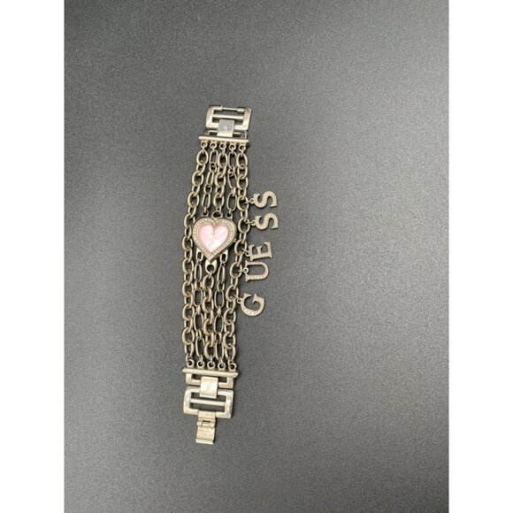 VTG Rare Y2K Guess Silver Tone Chain Pink Heart Watch Bracelet Charms 90s - Picture 8 of 10